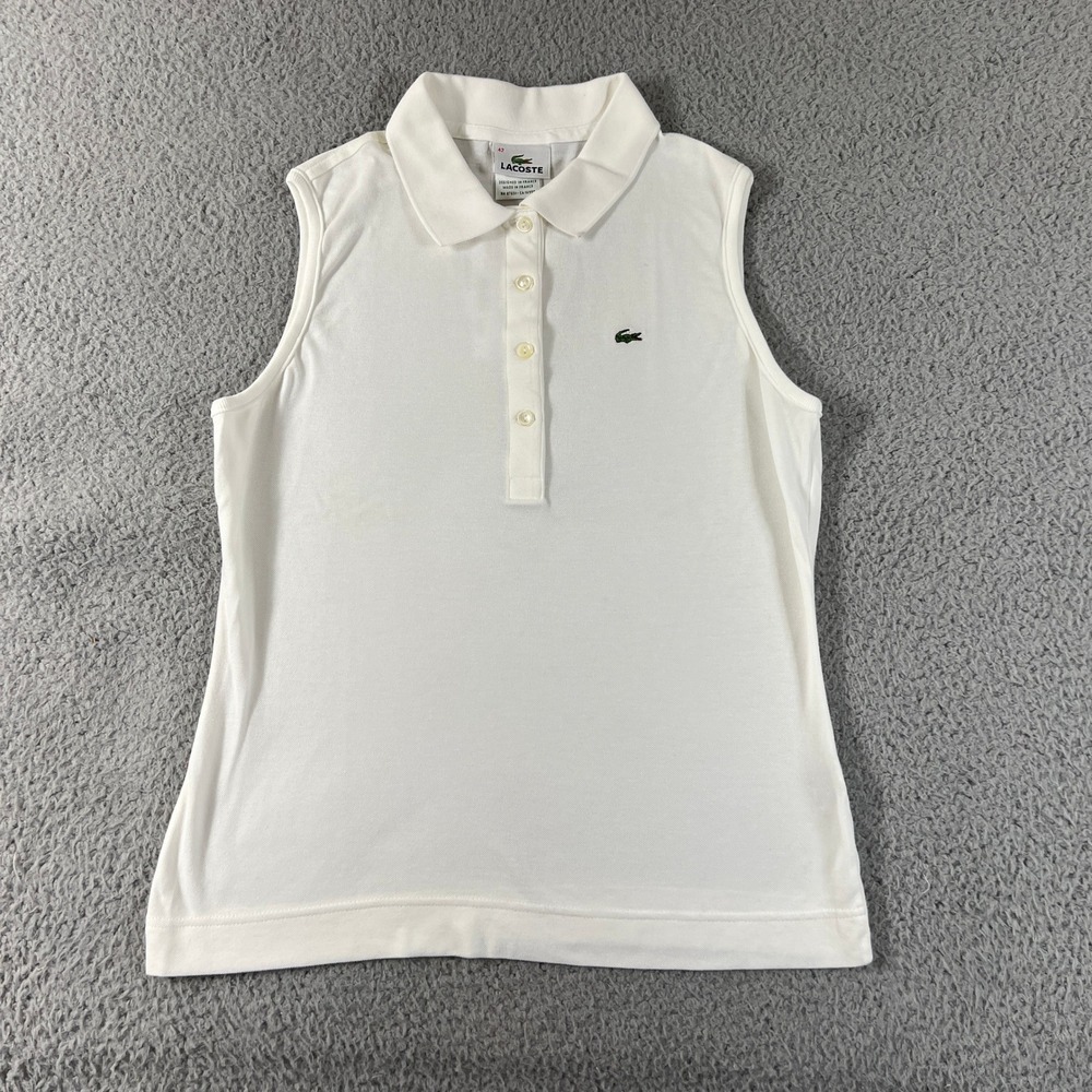 Lacoste Sleeveless Polo Shirt Womens US Size L (EU/10) White Micro Pique Stretch